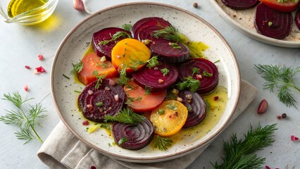 Colorful roasted beets topped with vinaigrette and fresh herbs served on a rustic plate
