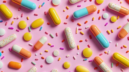 Vibrant Flat Lay of Colorful Pills and Capsules on a Pastel Background, Pharmaceutical Display