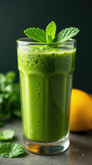 A refreshing green smoothie is presented in a tall glass, topped with fresh mint leaves. Surrounding the glass are healthy ingredients, including citrus fruits