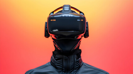 Virtual reality mannequin displaying cutting edge gaming technology, wearing VR headset and headphones against vibrant orange red gradient background