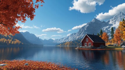 Fototapeta premium Red cabin nestled beside an autumnal lake mountainscape