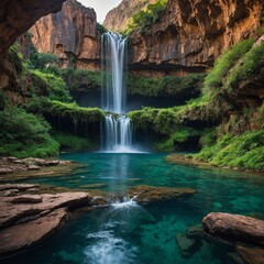 A stunning desktop wallpaper of a beautiful waterfall cascading down into a crystal-clear pool, nestled in the heart of a deep, rugged canyon. 