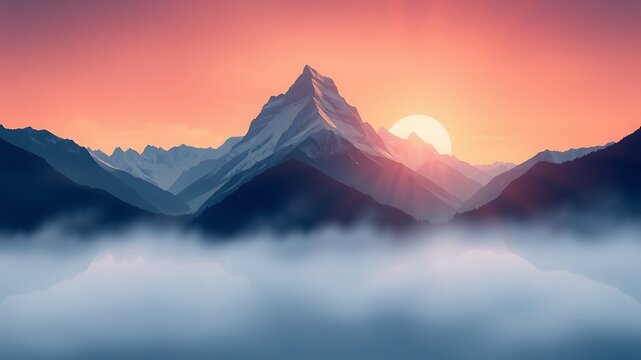 Majestic snow-capped mountain peak at sunset, bathed in soft light, with a misty valley below, creating a serene landscape scene.