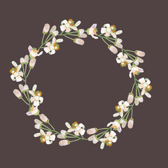 Delicate white citrus flowers and buds, watercolor wreath on cool brown. Hand-painted high quality art is perfect for textile, cards, posters, tea, essential oil packaging, home decor, prints