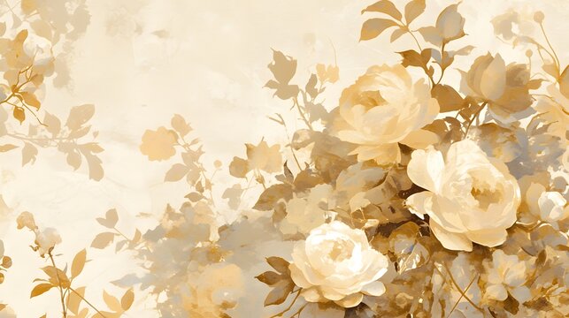 Mural of flowers in gold and cream, high-quality design.