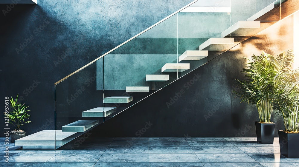 Aufkleber a staircase with floating steps and transparent glass railings, adding a sleek and unique architectu