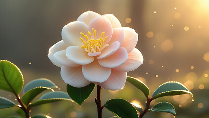 Fototapeta premium A delicate Camellia flower in full bloom, captured in the morning light with dew-kissed green leaves. Created with generative AI.