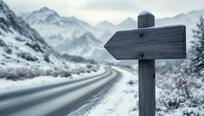 Snowy Mountain Road Signpost: A Winter Journey Beckons