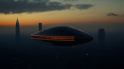 Obraz premium Futuristic spaceship with glowing orange lights flying over dark futuristic city with skyscrapers at sunset, exploring themes of advanced technology, space travel, and urban innovation