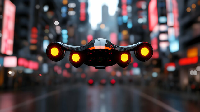 Sleek spaceship floating above rain soaked cyberpunk street, luminous engines casting glow across neon drenched cityscape with blurred high rise silhouettes