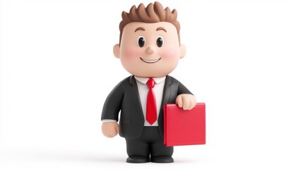 Obraz premium A cheerful cartoon businessman in a suit holds a red briefcase, embodying professionalism and positivity.
