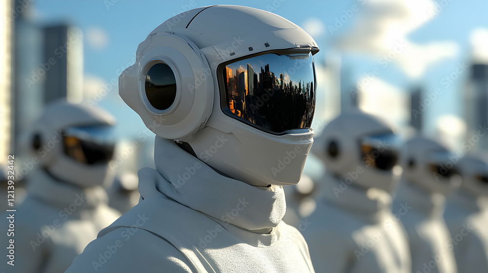Poster astronauts in white spacesuits positioned near futuristic cityscape, representing interplanetary exp