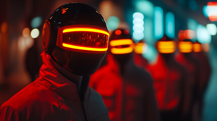 Cyberpunk band members wearing glowing LED visor helmets performing onstage, bathed in vibrant red and blue neon lighting against industrial urban backdrop