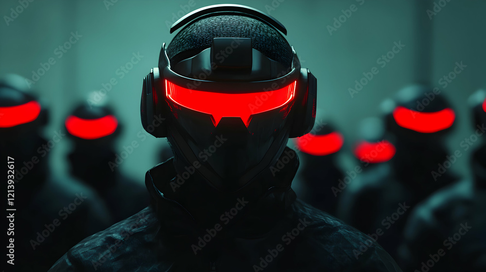 Aufkleber group of cyberpunk soldiers in futuristic black helmets with glowing red visors are standing in form