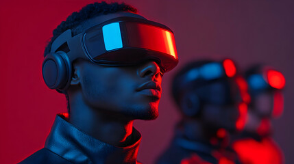 Male professionals wearing VR headsets and headphones, experiencing digital metaverse environment with glowing neon illumination