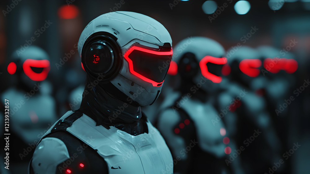 Poster humanoid robotic figures with luminescent eye panels positioned in shadowy industrial space, highlig