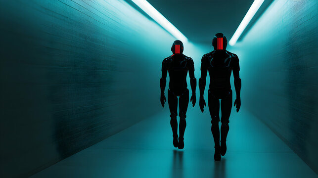 Robotic figures traversing sleek metallic passageway, blue neon lighting casting dramatic shadows, highlighting advanced technological environment and artificial intelligence concept - Powered by Adobe