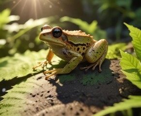 Fototapeta premium Darmera leaf with tiny Pacific chorus frog in sunlight summer, sunlight, outdoor