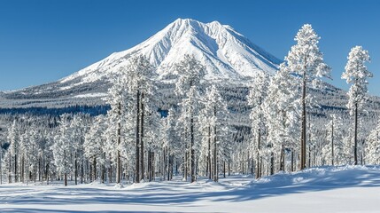Majestic Snow-Capped Mountain and Winter Forest Under a Clear Blue Sky