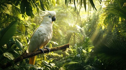Obraz premium A striking image of a tropical cockatoo perched on a branch amidst a lush jungle background.