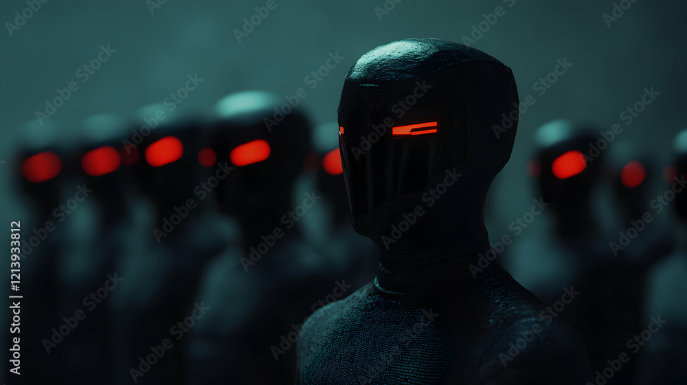 Aufkleber futuristic robots with glowing red eyes and dark helmets standing in a dimly lit environment, creati