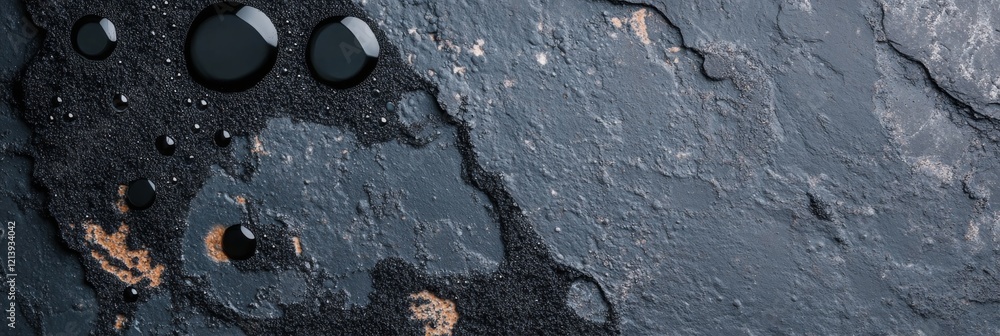 Poster surface with dark liquid creating a smooth, glossy texture and reflecting light in an abstract displ