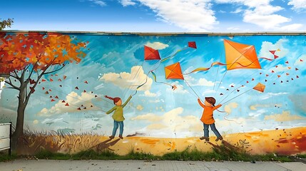 A whimsical mural of two friends flying kites, painted on a wall with an open field mockup on the side.