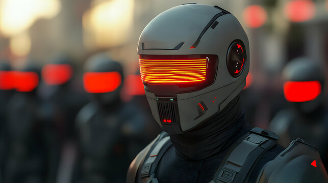 Military personnel wearing illuminated helmet leading armed squad, representing cutting edge battlefield technology and strategic combat readiness