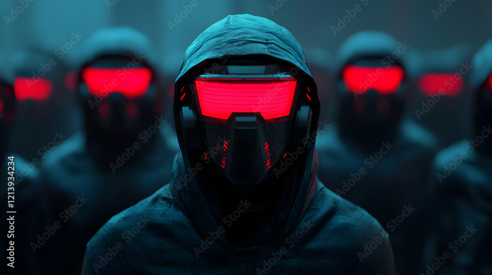 Poster cyberpunk soldiers wearing futuristic helmets with glowing red visors are standing in formation, cre