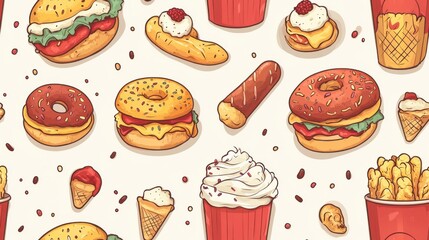 seamless pattern, Description: A playful and colorful pattern of stylized fast food items, including burgers, donuts, ice cream, and fries, is set against a clean white background.