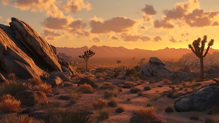 Sunset casting soft light on rocks and Joshua trees in the desert park