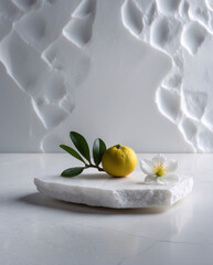 Elegant Spa Banner with Orange Blossom Neroli Fruit and Grey Marble for Soothing and Restorative Skin Care Solutions Beauty Poster Mockup