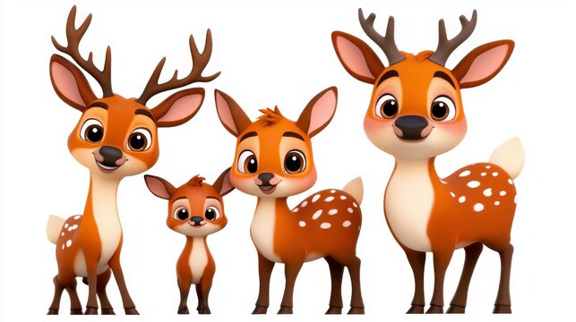 A cute cartoon family of deer, featuring four characters with antlers and spots, displaying a lively and playful atmosphere.