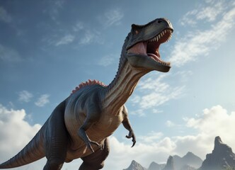 Fototapeta premium Dinosaur with long neck stretching towards sky, dinosaur, prehistoric, mystical