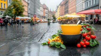 Obraz premium Fresh soup with vibrant vegetables on a rainy street