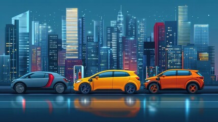 Three electric cars, in gray, yellow, and orange, are parked at a charging station against a vibrant, futuristic cityscape backdrop at night.