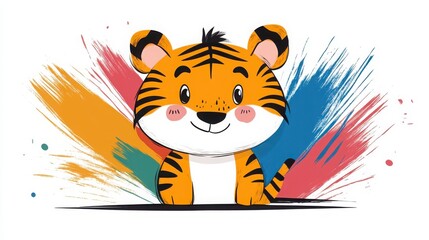 Cute Cartoon Tiger Character with Colorful Background Splashes
