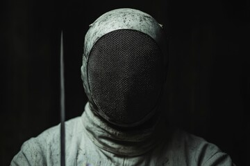Dirty fencing mask, uniform, and foil.