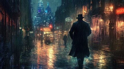 Obraz premium Rainy Night Cityscape Man Walking Alone