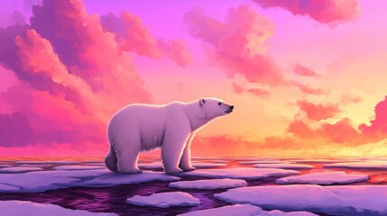 Polar Bear on Iceberg During Colorful Sunset Over the Ocean
