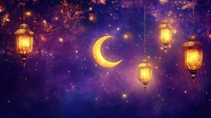 Golden Lanterns Hanging Under Night Sky Crescent Moon