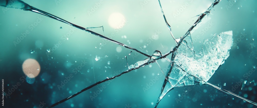 Poster broken glass fragments scattered on a weathered surface creating an abstract composition