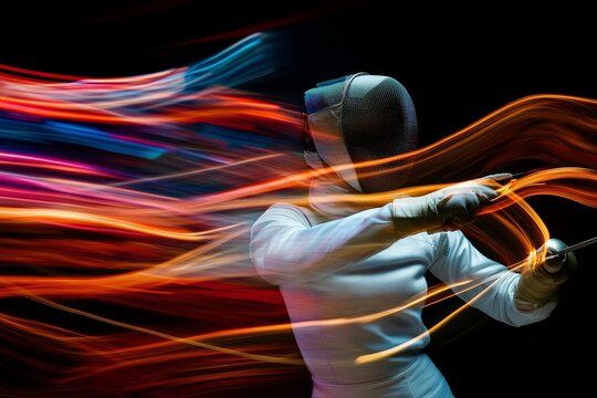 Athlete fencing, colorful light trails, dynamic motion.