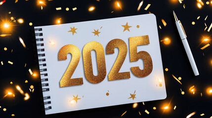 Black - Backed White Notebook, Golden '2025' Pen, for New Year Design, with Space for Text.