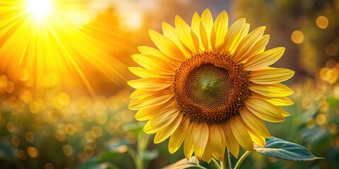Fototapeta premium A close-up shot of a single sunflower facing the warm sunlight, its bright yellow petals glistening with dew, as a beam of light shines through its center , flower, summer
