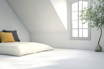 Fototapeta premium Bright and airy minimalist bedroom with a soft bed and natural light during the day