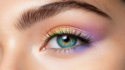 Fototapeta premium eye makeup rainbow Step by step tutorial of applying rainbow eye makeup, focus on blending techniques, beauty vlogger style.