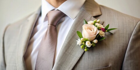Groom's boutonniere with floral arrangement on his lapel, set against a neutral background of white or light-colored shirt and suit , boutonniere, pocket square