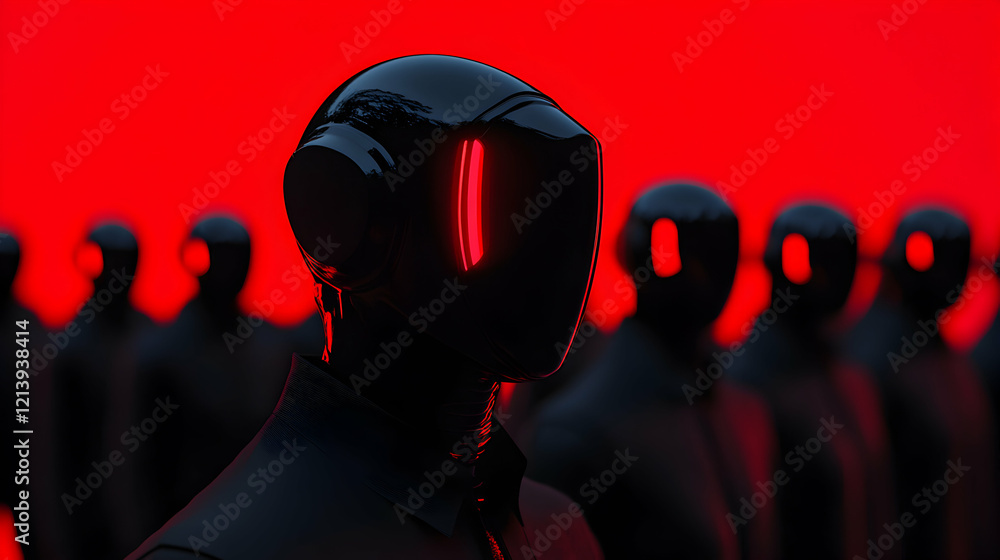 Aufkleber robot army is standing in front of red background, wearing black uniforms and helmets with glowing r