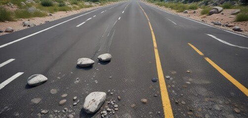 Empty road with a few rocks and pebbles scattered along the centerline, rugged terrain, natural beauty, solitary drive